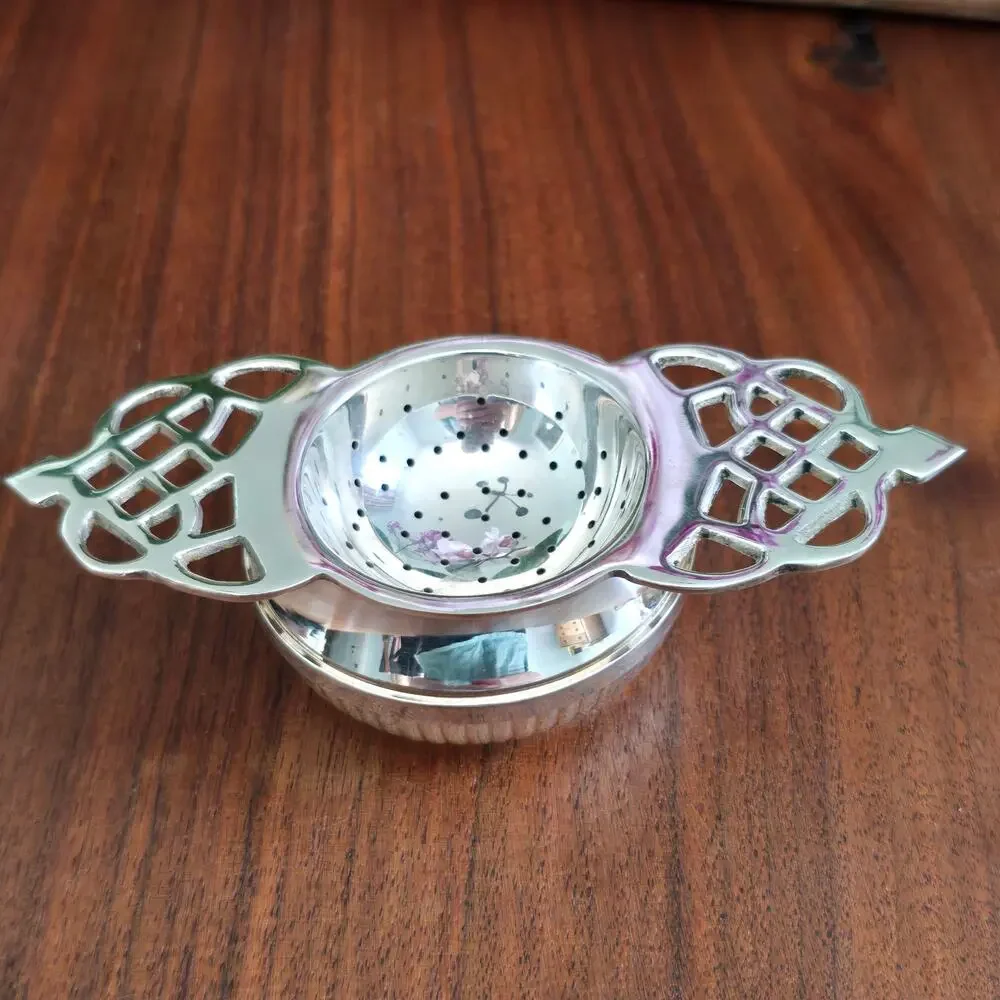 Vintage Silver Plated Tea Strainer Filigree Handles Drip Bowl Victorian Cottage